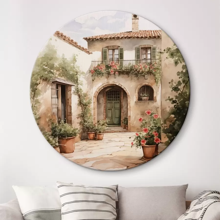 Glezna Itāļu pagalms ar puķu podiem, kas imitē akvareli r42126