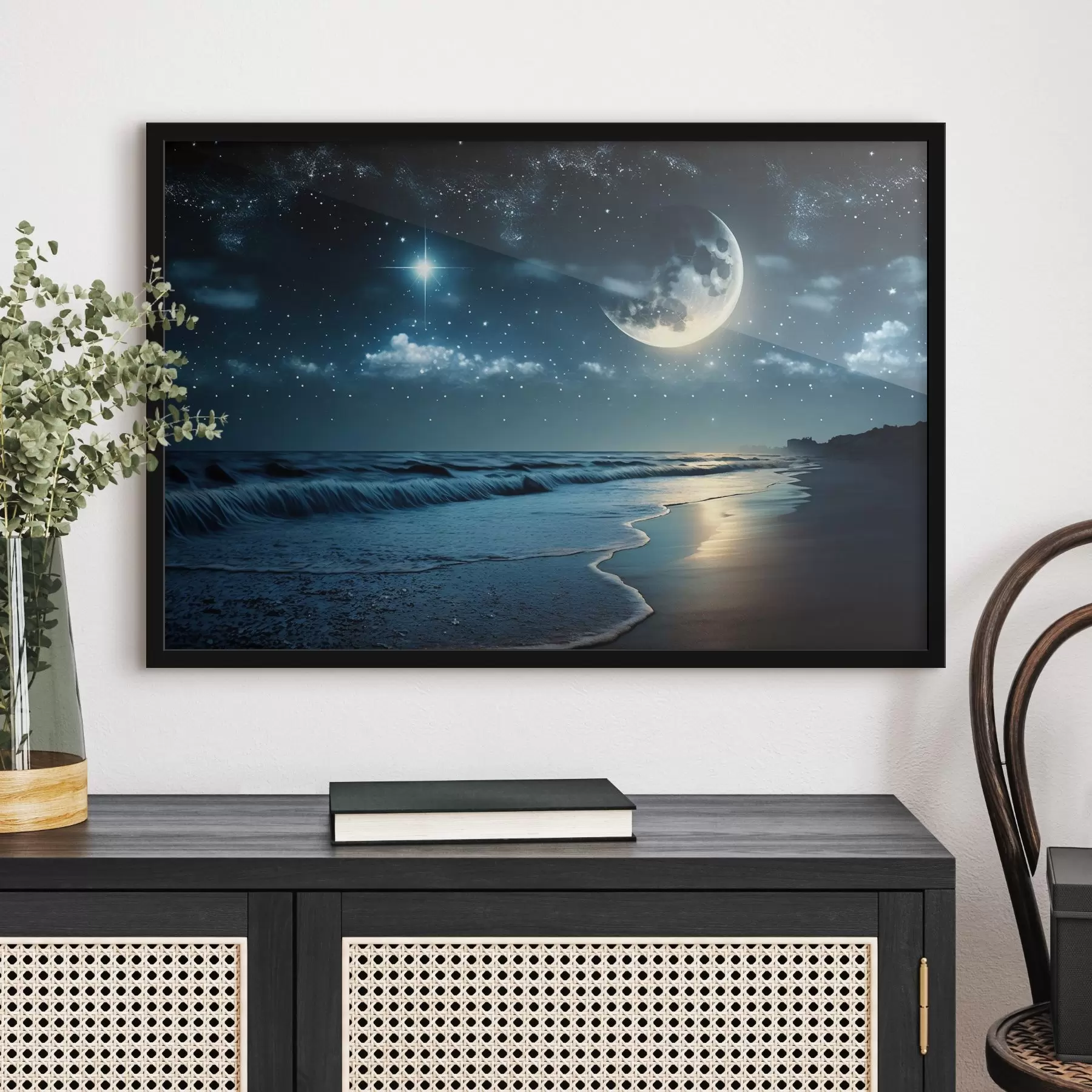 Fototapetes Milzīgs mēness virs nakts jūras f31111