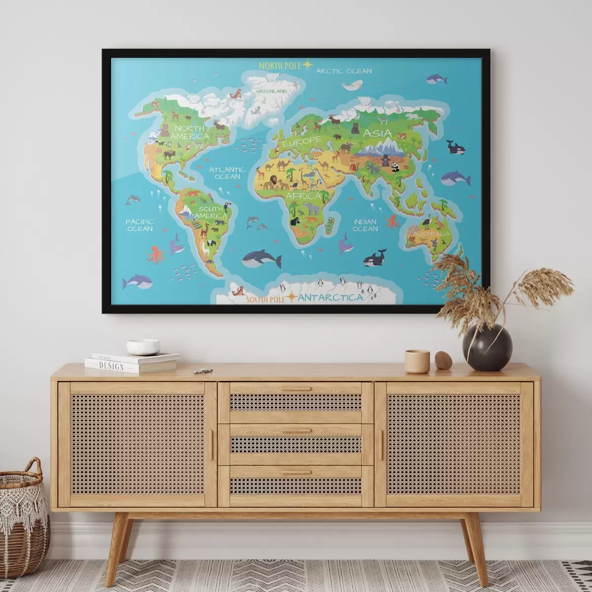 Plakāts Kontinentu karte ar dzīvniekiem f32105
