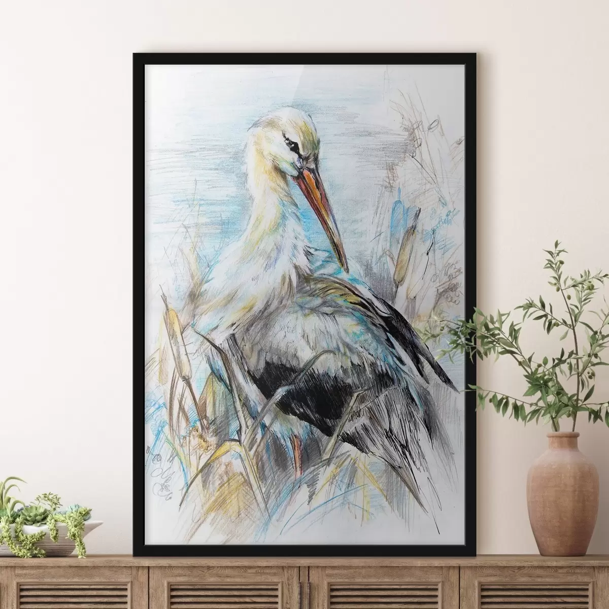 Plakāts Stārķis pie ūdens starp sausiem augiem f34607