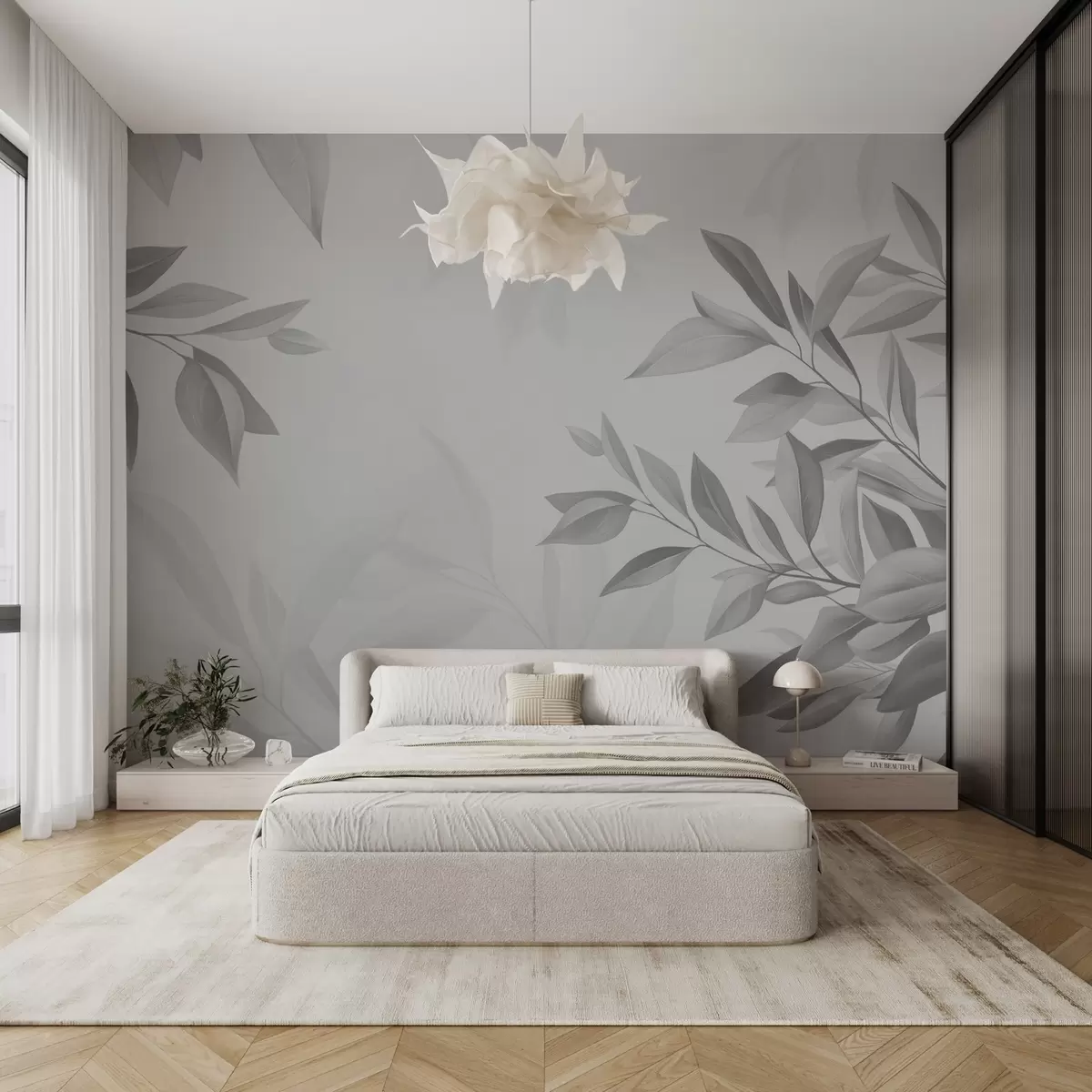 Fototapetes Pelēki zari ar lapām uz pelēka fona w08499v3