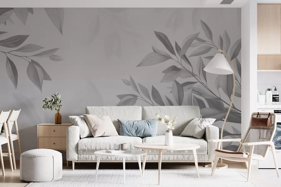 Fototapetes Pelēki zari ar lapām uz pelēka fona w08499v3