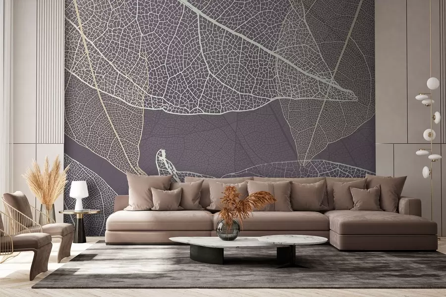 Fototapetes tuvplāns lapām ar violeti pelēkām dzīslām w02520v3