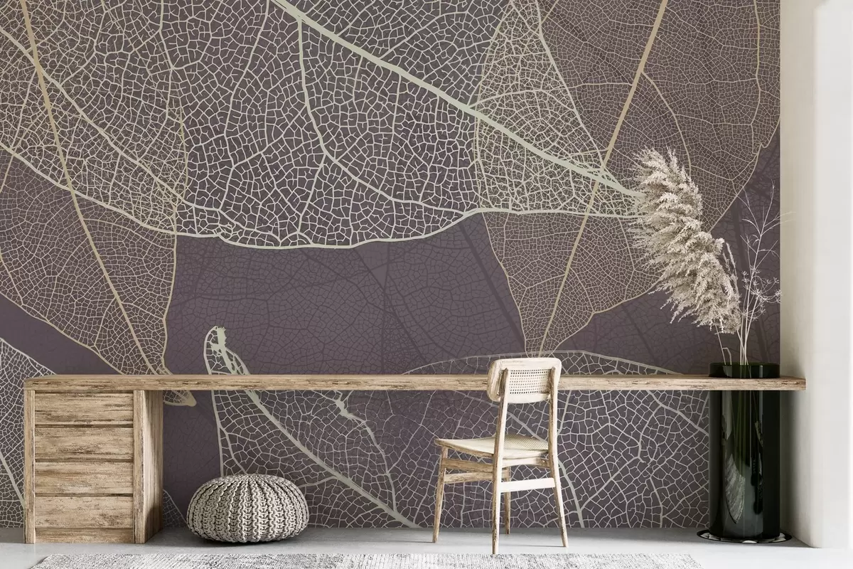 Fototapetes tuvplāns lapām ar violeti pelēkām dzīslām w02520v3