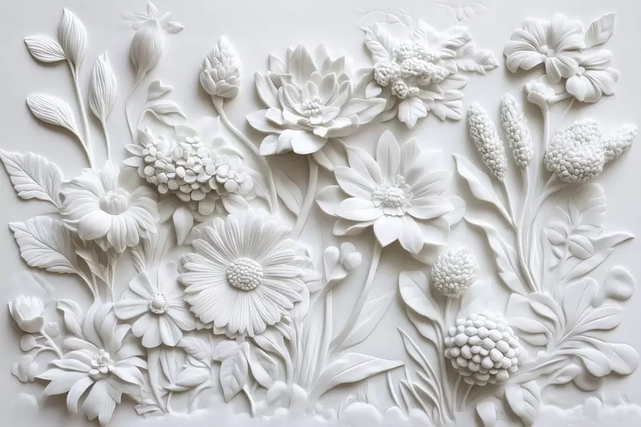 Fototapetes tapetes bareljefa stilā ar dārza ziediem w02546