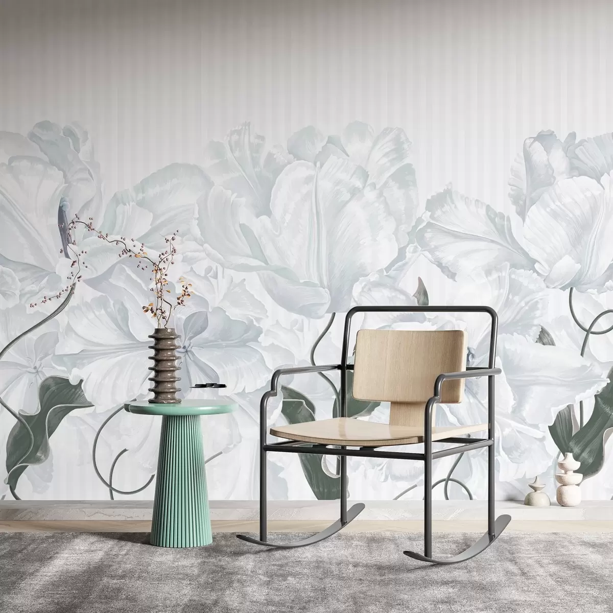 Fototapetes maigi pelēki ziedi uz svītraina fona w02565v1