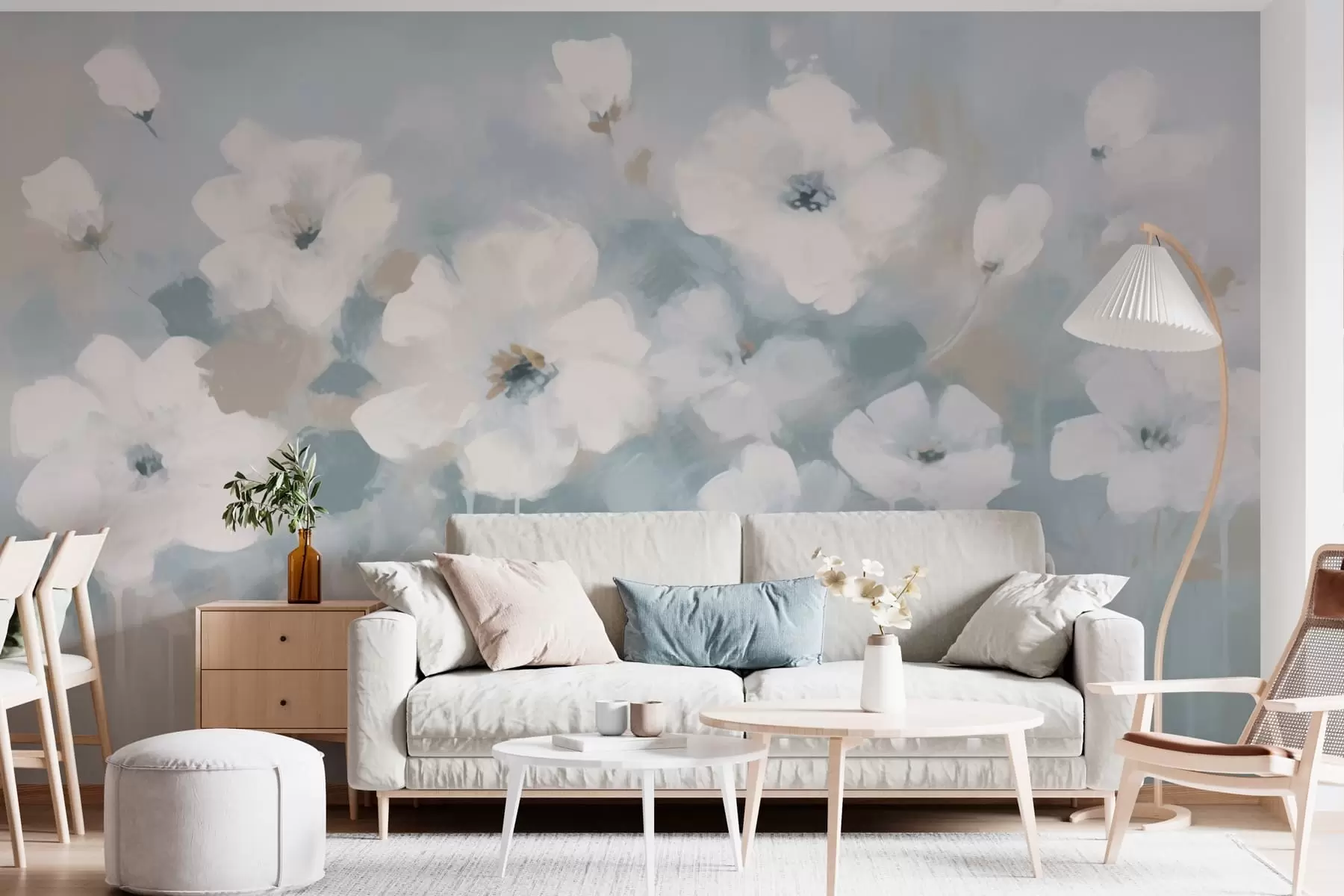 Fototapetes Maigi balti ziedi zilā krāsā w08542v2