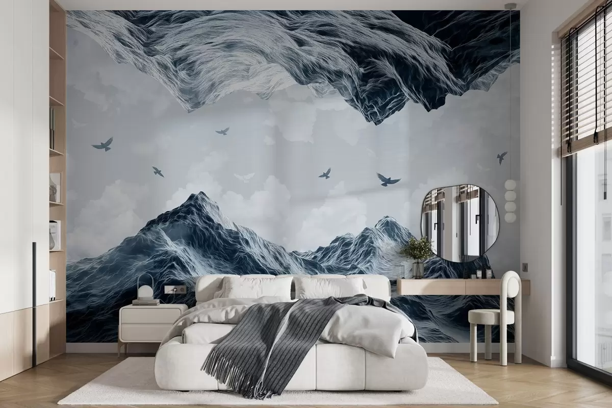 Fototapetes Kalni ainava, reālisms, lidojoši putni, daba, mākoņi, zilas krāsas w02514v1