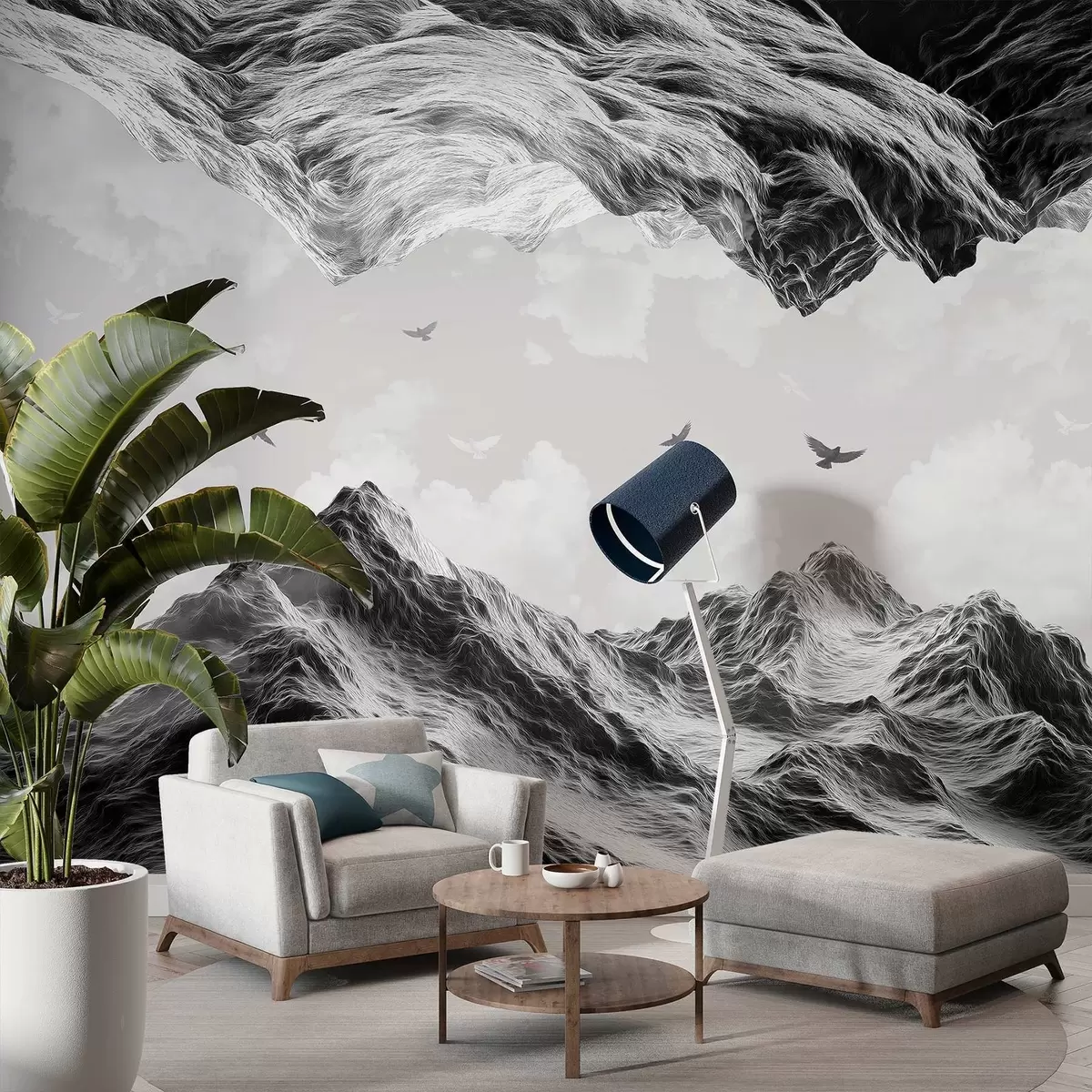 Fototapetes Kalni ainava, reālisms, lidojoši putni, daba, mākoņi, melnbaltas krāsas w02514