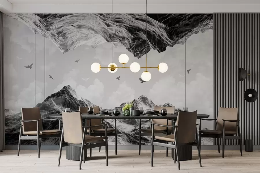 Fototapetes Kalni ainava, reālisms, lidojoši putni, daba, mākoņi, melnbaltas krāsas w02514