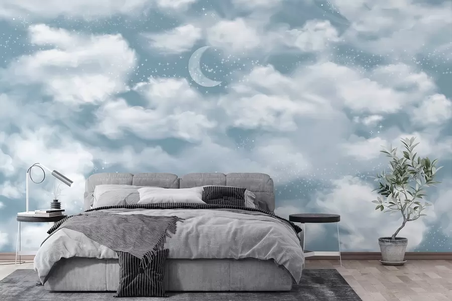 Fototapetes Zvaigžņotas debesis ar mēnesi un mākoņiem, sapņainas, ēteriskas, maigi zilas krāsas w02515v1