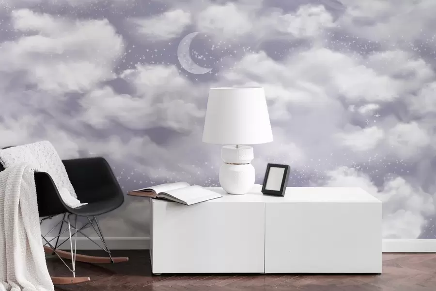 Fototapetes Zvaigžņotas debesis ar mēnesi un mākoņiem, sapņainas, ēteriskas, maigi violetas krāsas w02515v4