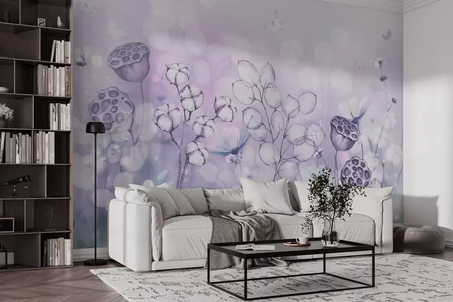 Fototapetes Sapņains ziedu dārzs, tauriņš, kokvilnas ziedi, lotosi, violetas krāsas w02516v1