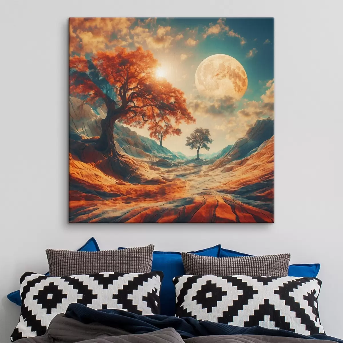 Glezna Koki un kalni uz milzīga mēness fona s41774