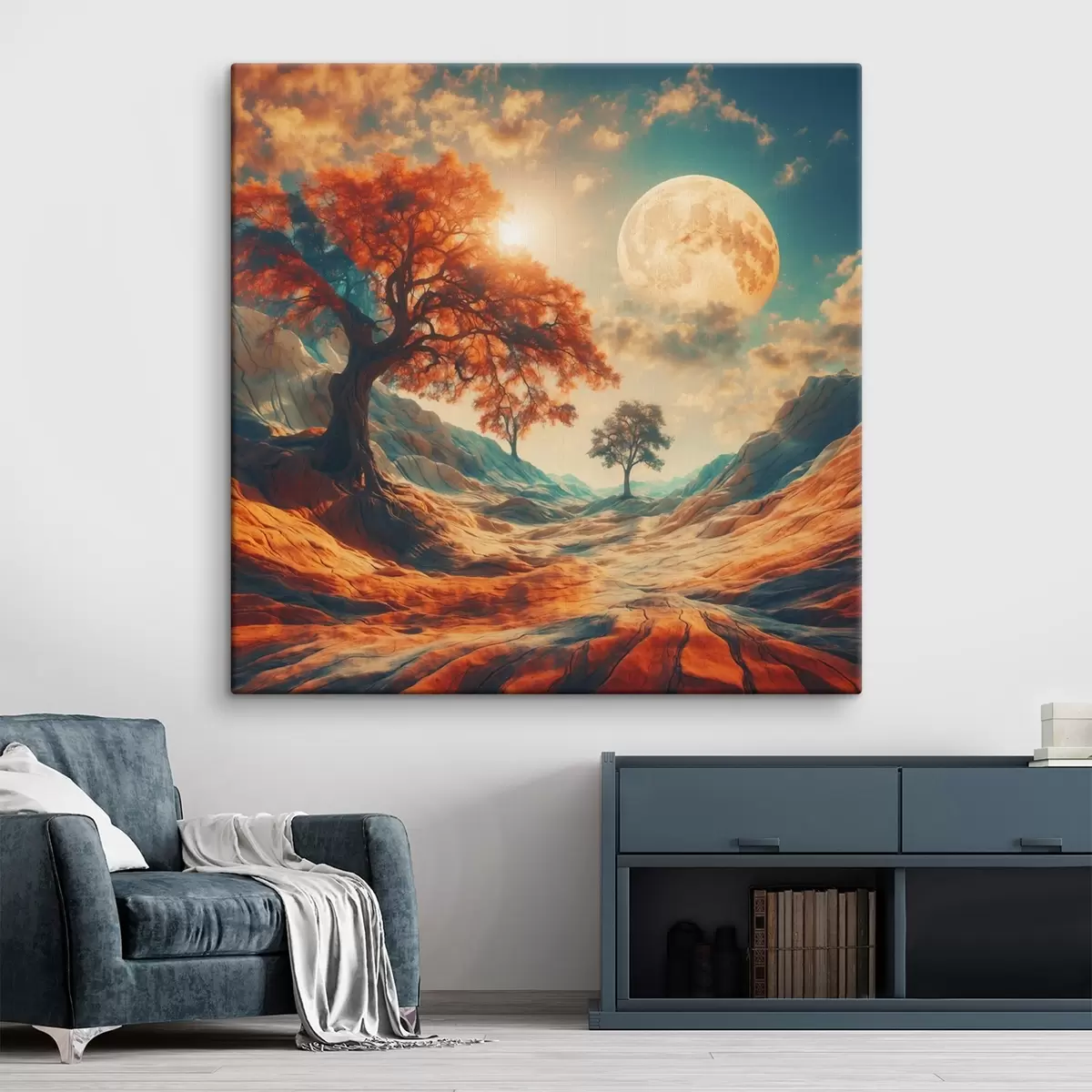 Glezna Koki un kalni uz milzīga mēness fona s41774