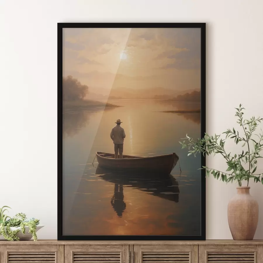 Glezna Vīrietis laivā ezera vidū f41770