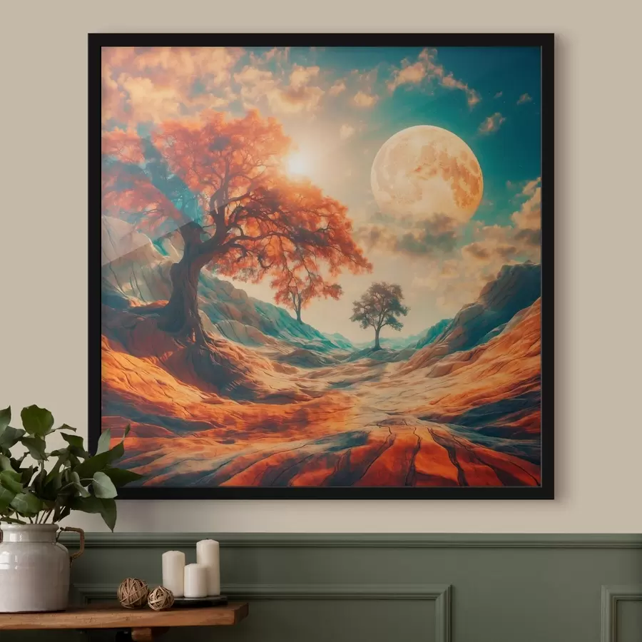 Fototapetes Koki un kalni uz milzīga mēness fona f41774