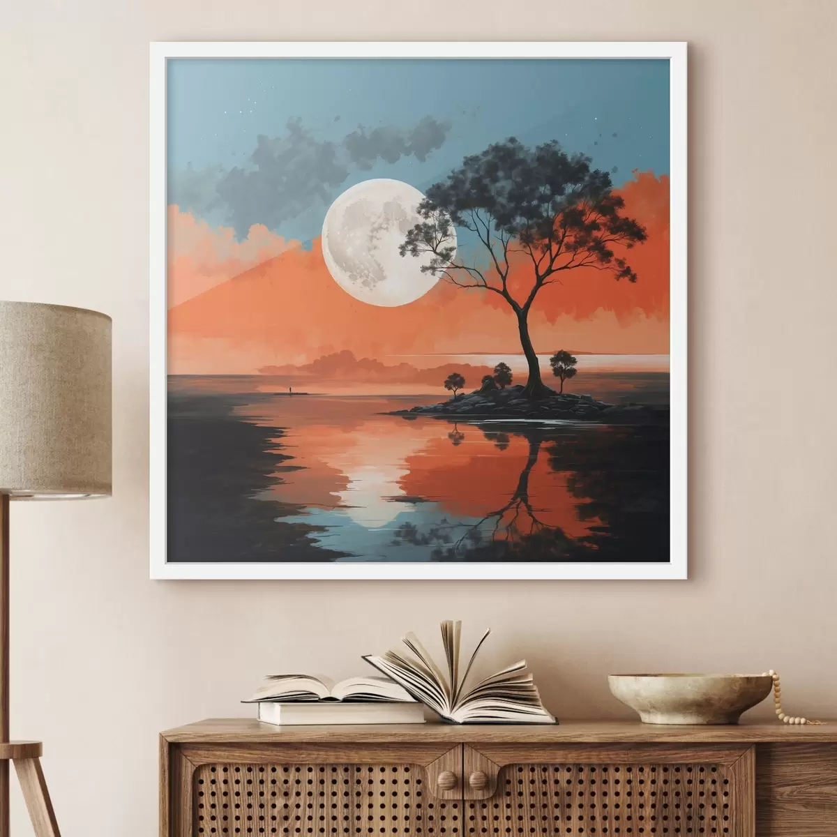 Plakāts Koks ezera vidū uz mēness fona f41775