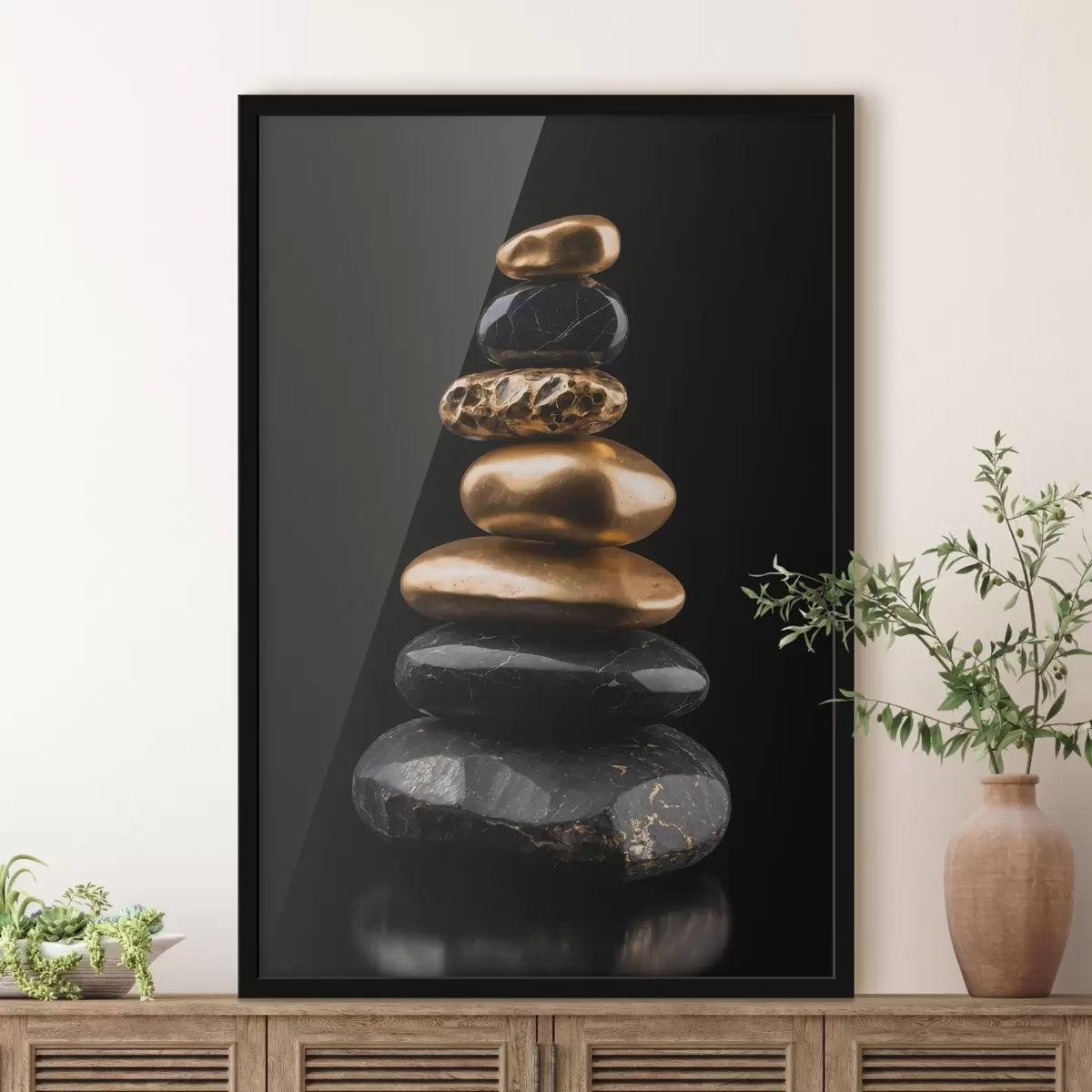 Plakāts Melni un dzelteni akmeņi uz tumša fona f42094