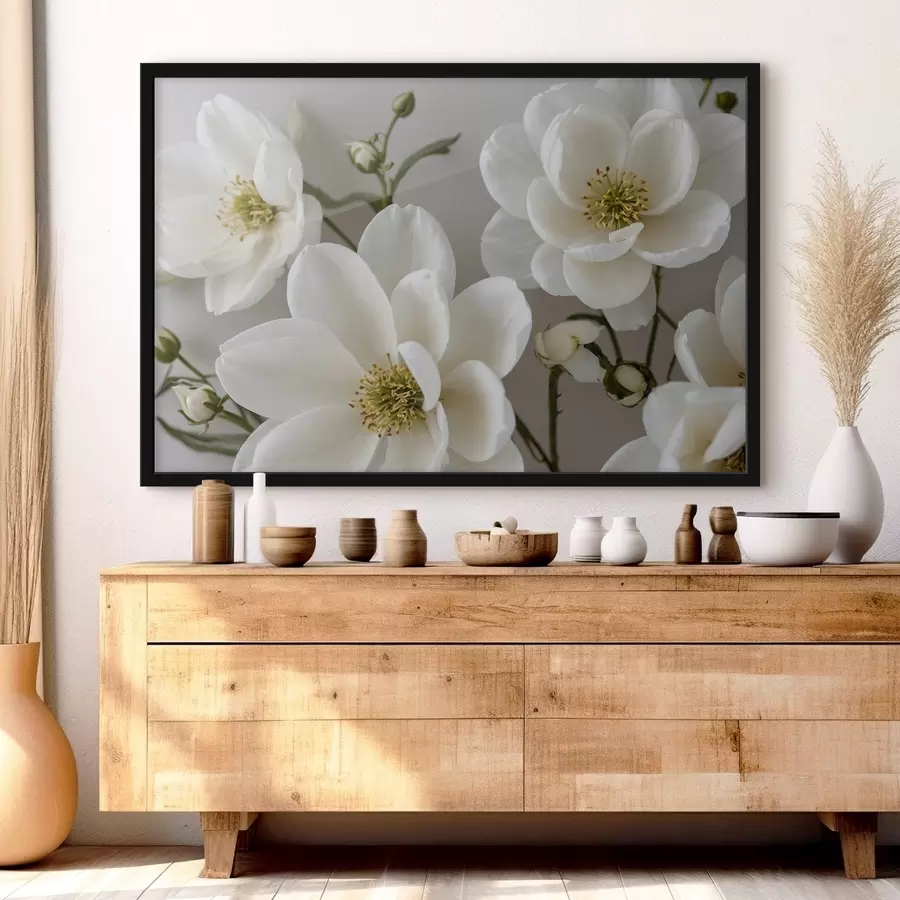 Fototapetes Balti ziedi un kāti uz gaiša fona f42097