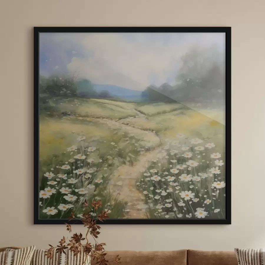 Fototapetes Pļava ar margrietiņām glezniecības imitācija f42134