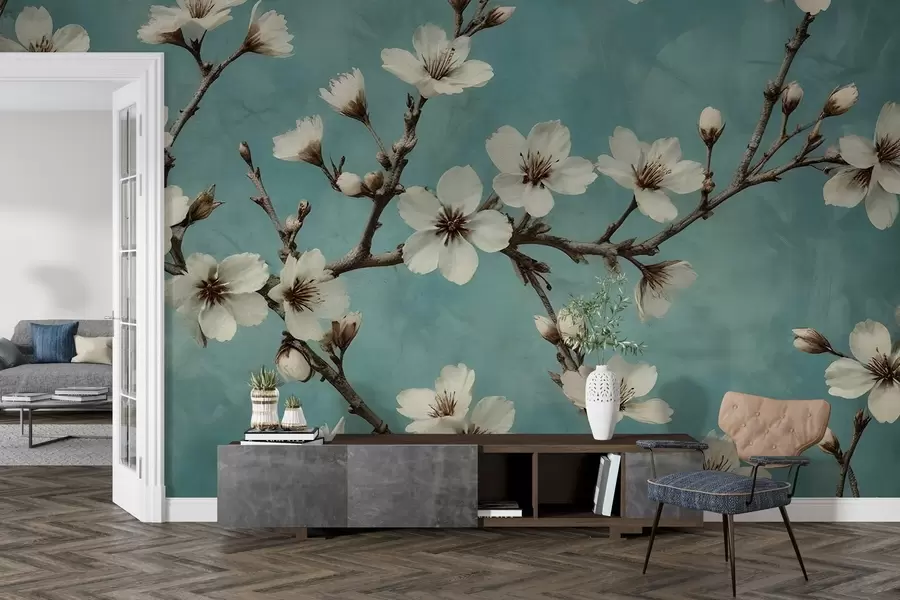 Fototapetes Ziedoši zari uz betona fona w02610