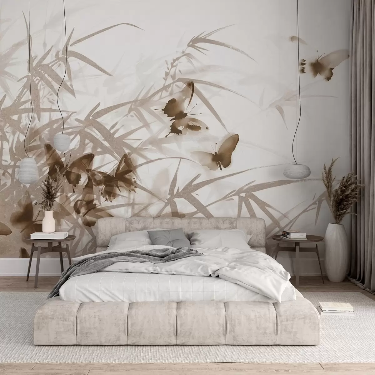 Fototapetes Teksturīgas bambusa lapas un stublāji ar lidojošiem brūniem tauriņiem ar caurspīdīgiem spārniem w08524v1