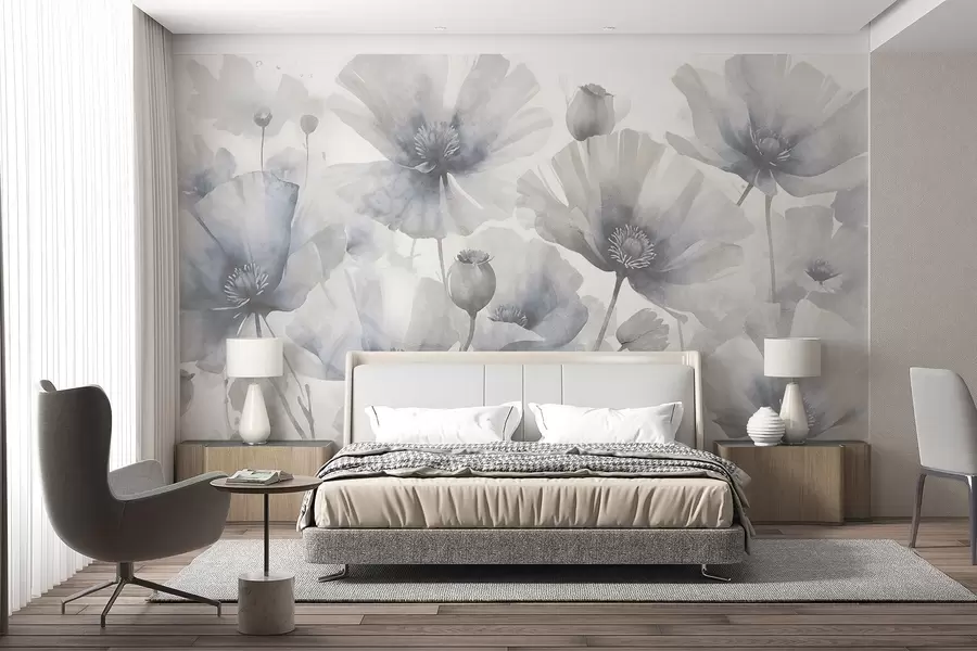 Fototapetes Smalki teksturiski grunge pelēki un balti ziedi ar maigiem, izplūdušiem ziedlapiņām uz balta fona w08526