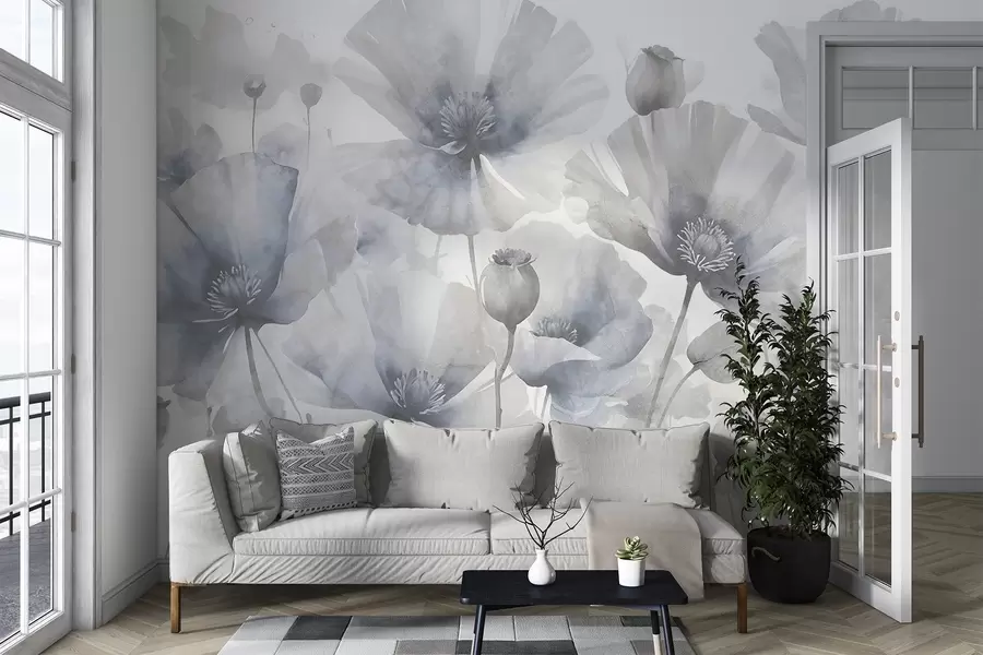 Fototapetes Smalki teksturiski grunge pelēki un balti ziedi ar maigiem, izplūdušiem ziedlapiņām uz balta fona w08526