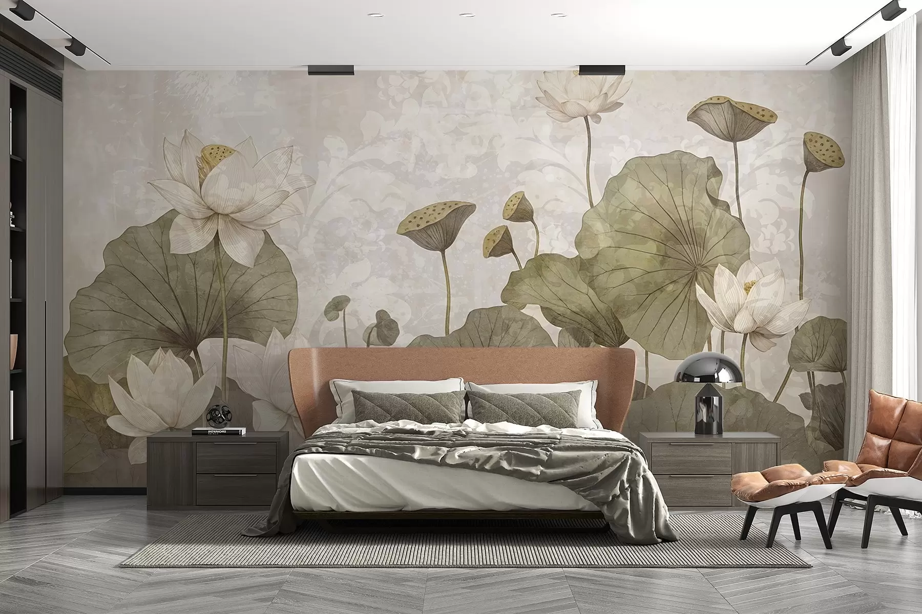 Fototapetes Baltu lotosa ziedu lauks ar lielām zaļām lapām uz mīksta, miglaina, bēša fona w08527