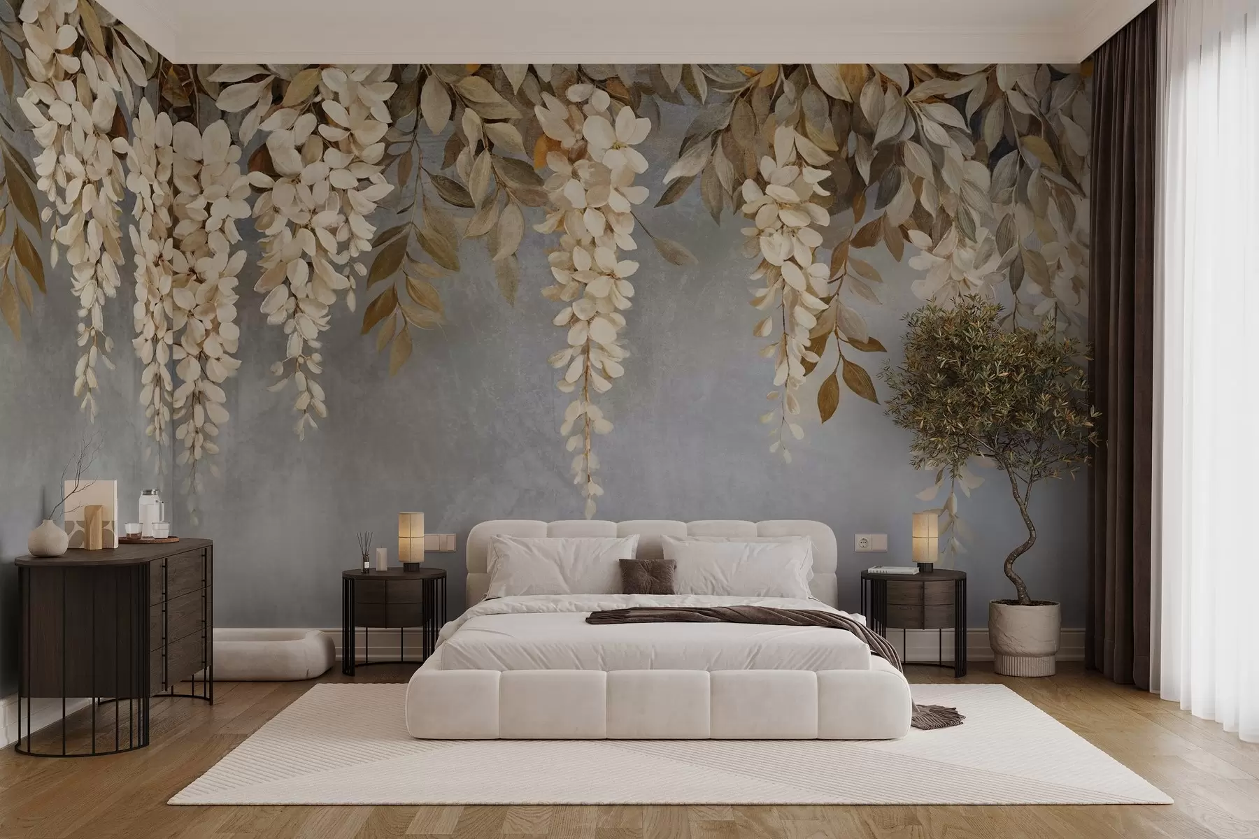 Fototapetes Smalki balti un gaiši bēšas krāsas vistērijas ziedi ar lapotni, kaskādēm lejup uz maigi pelēka fona w08531