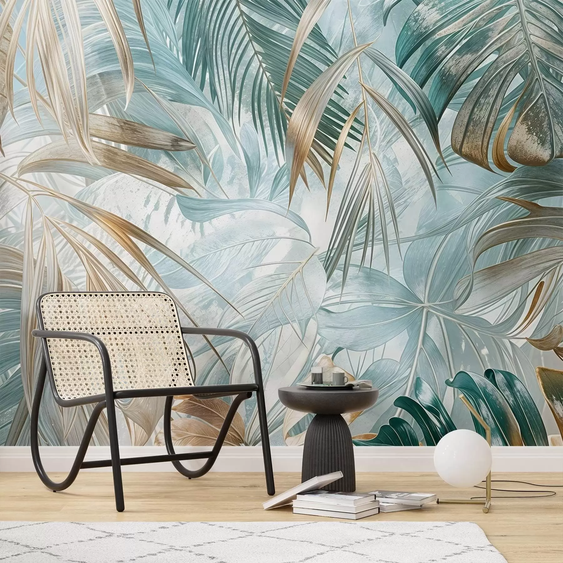 Fototapetes Tropiskā abstraktā ziedu apdruka ar lielām palmu lapām zilos un bēšos toņos rada sulīgu atmosfēru w08532