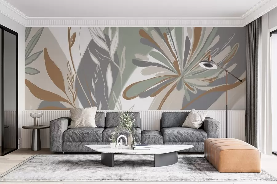 Fototapetes Abstrakta ziedu minimālisma apdruka ar stilizētām lapām un ziedlapiņām zaļos, pelēkos un bēšos toņos w08536