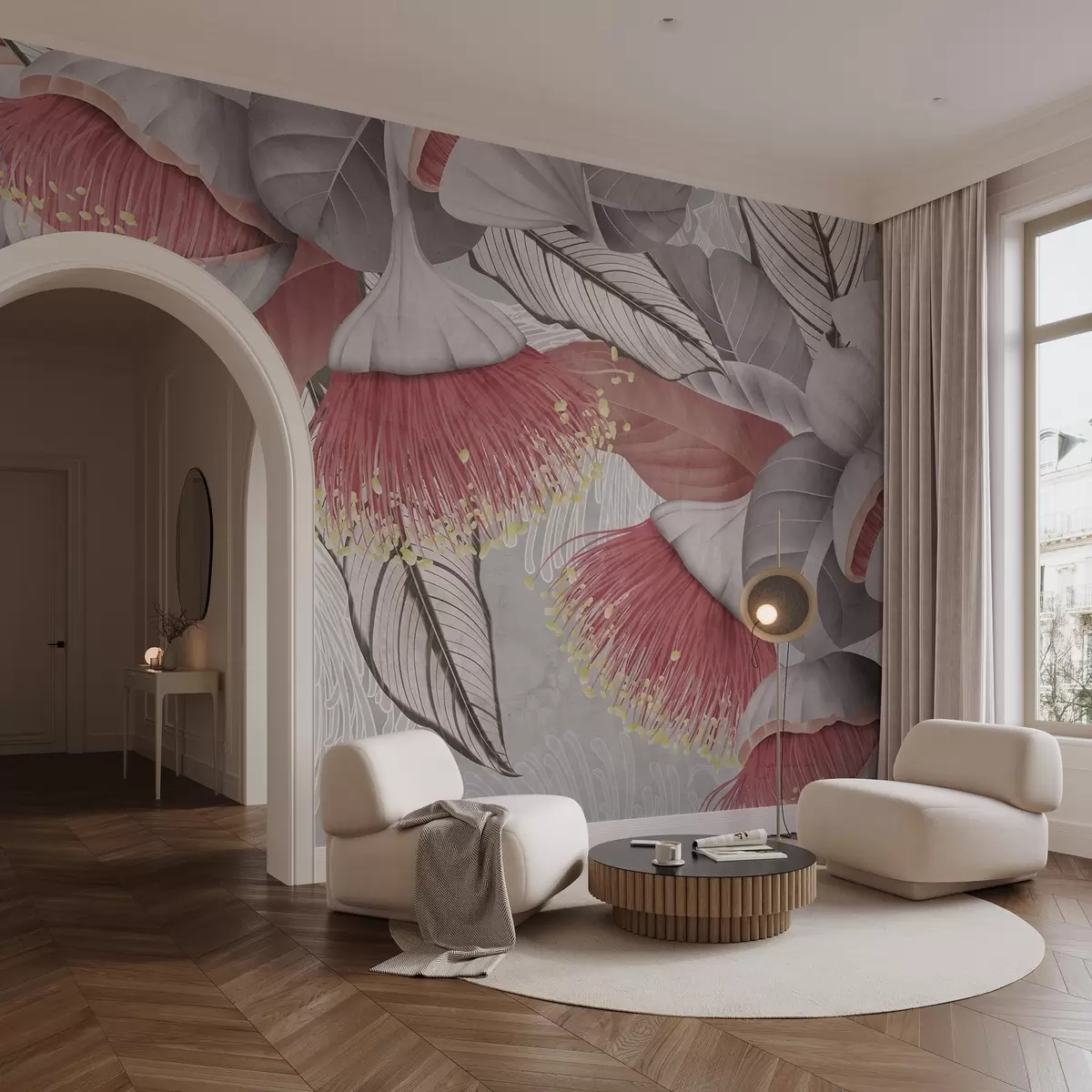 Fototapetes Botāniska ilustrācija ar lieliem eikalipta ziediem ar gariem kociņiem uz pelēka un balta fona w08539