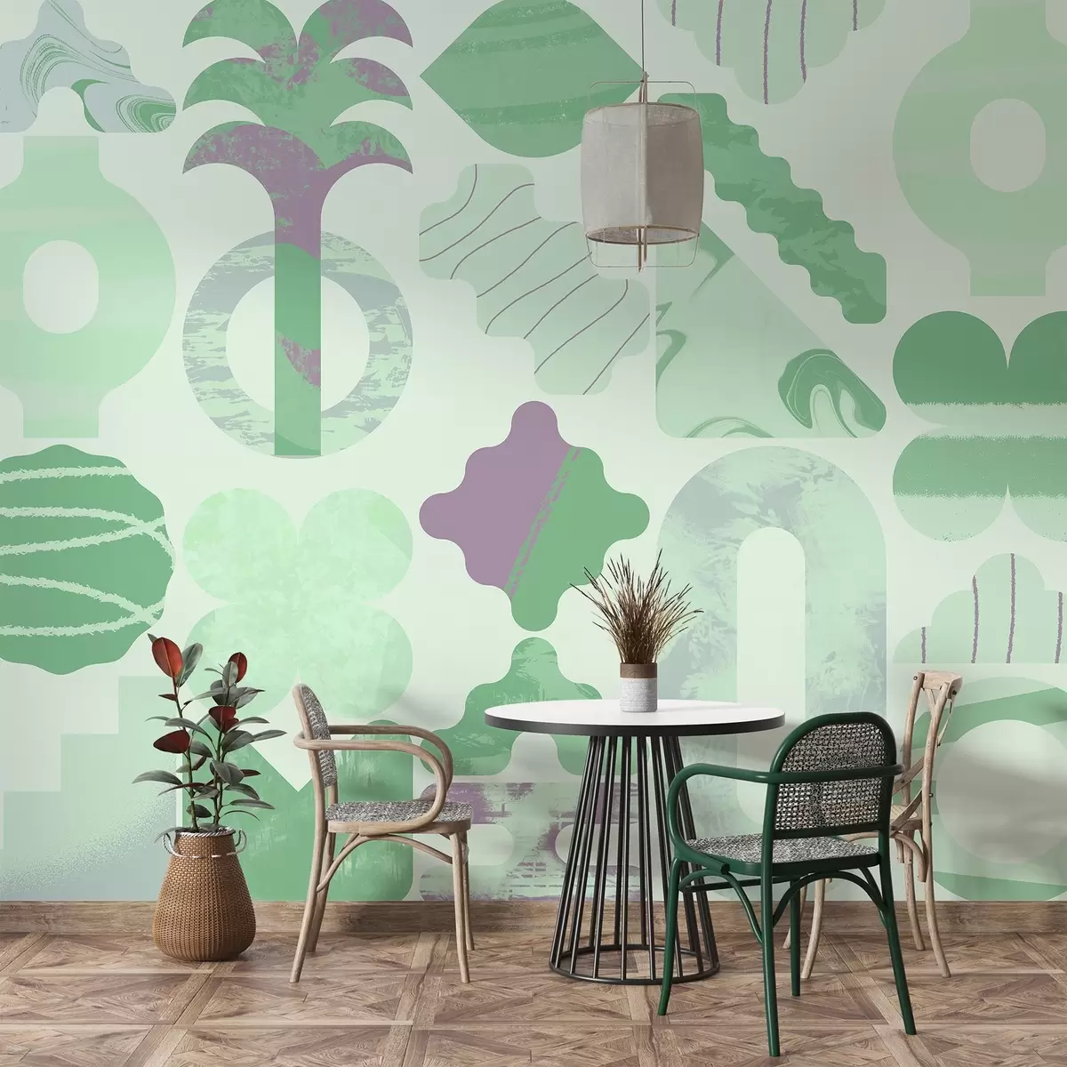 Fototapetes dažādas interesantas formas, moderna ģeometrija zaļās krāsās w02550v2