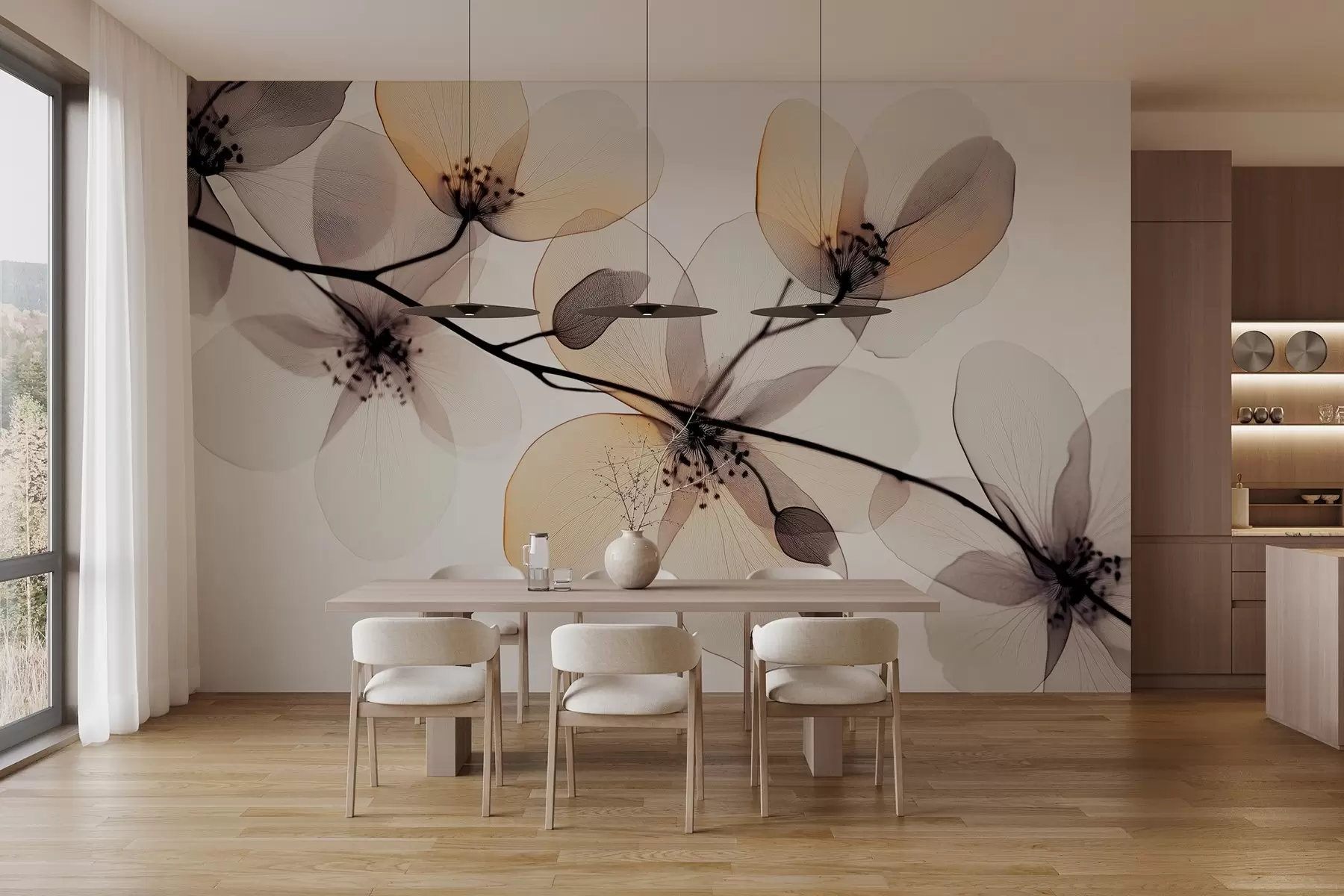 Fototapetes maigs un izsmalcināts zars ar caurspīdīgiem ziediem  w02630