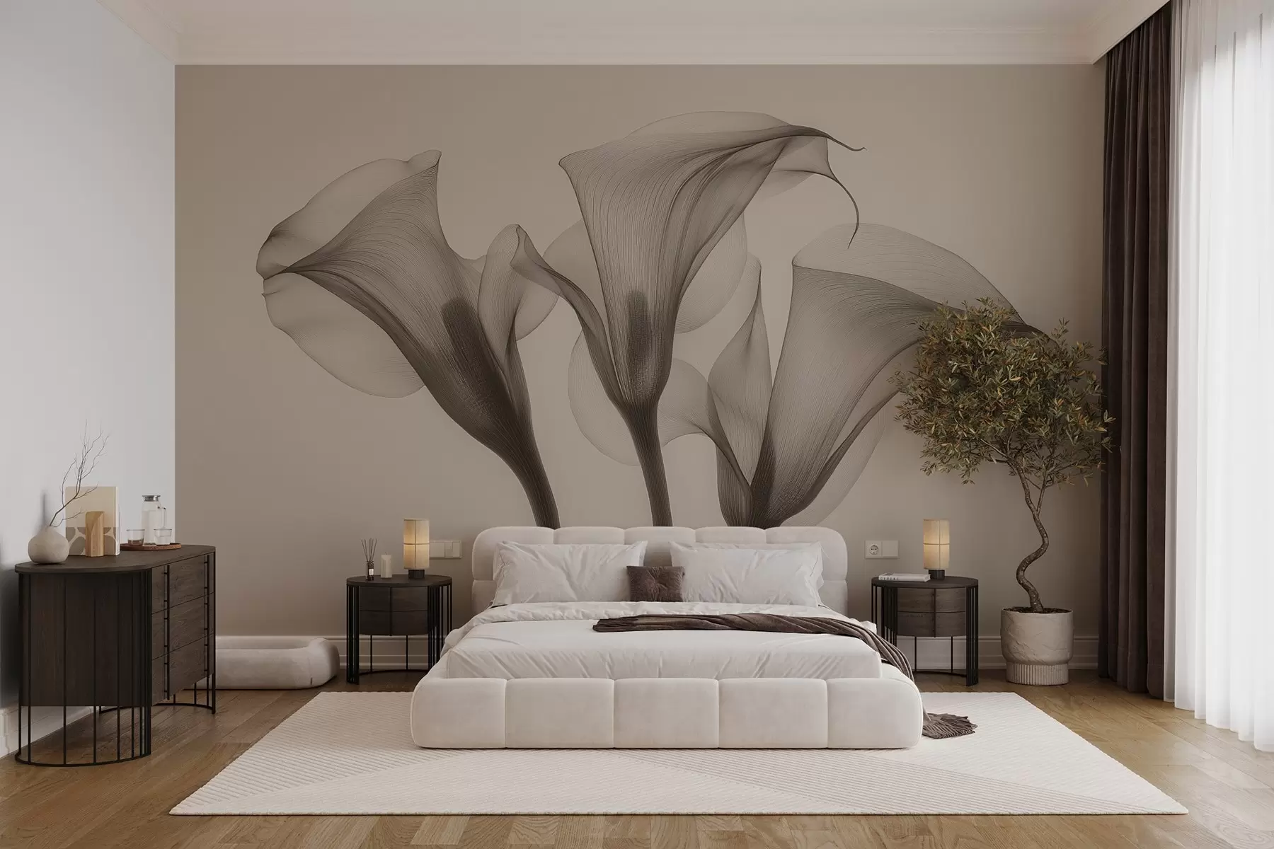 Fototapetes gaisīgi, caurspīdīgi Zantedeschia ziedi smilškrāsas toņos  w02632