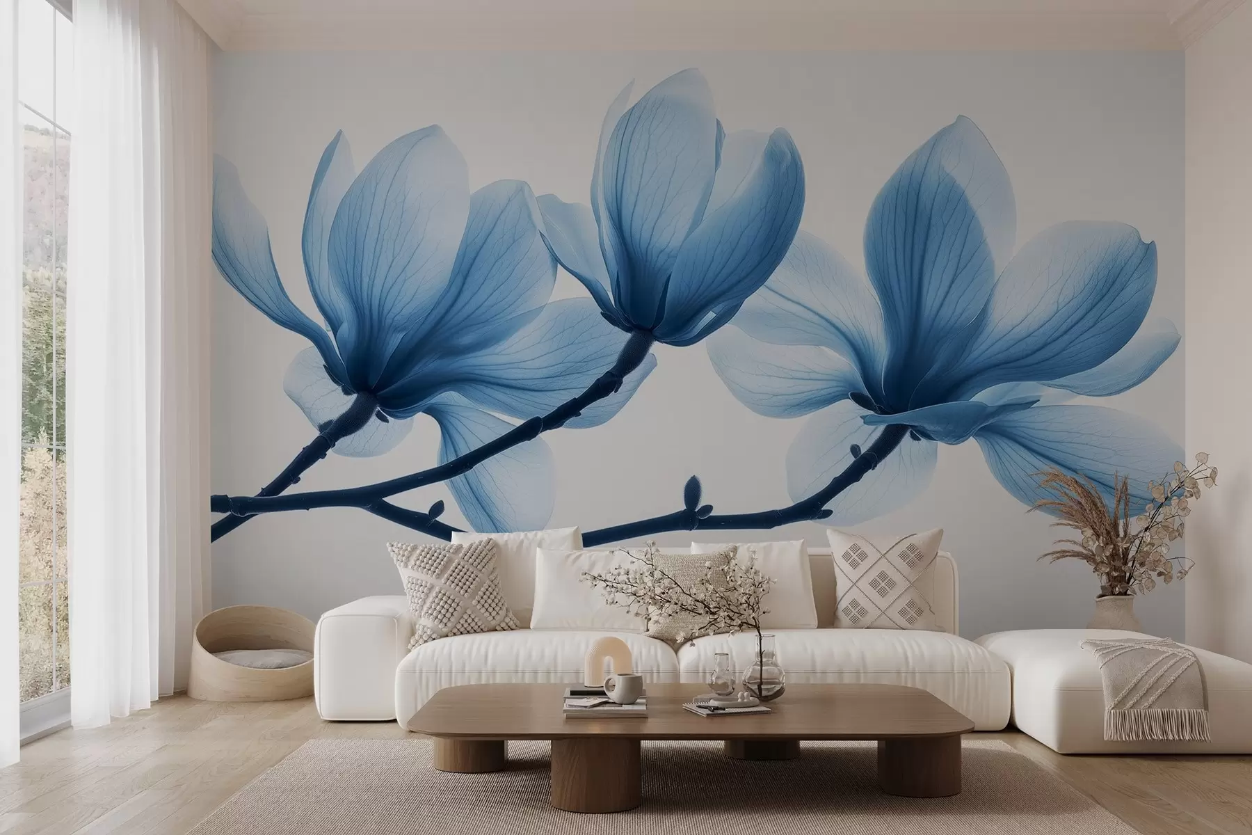 Fototapetes maigi zili magnolijas ziedi uz zariem w02633