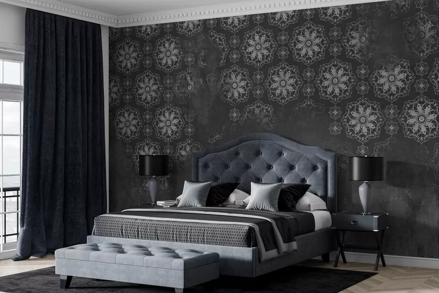 Fototapetes Vintage dizains ar mandalas elementiem un nobružātu efektu pelēkā krāsā w02551v1