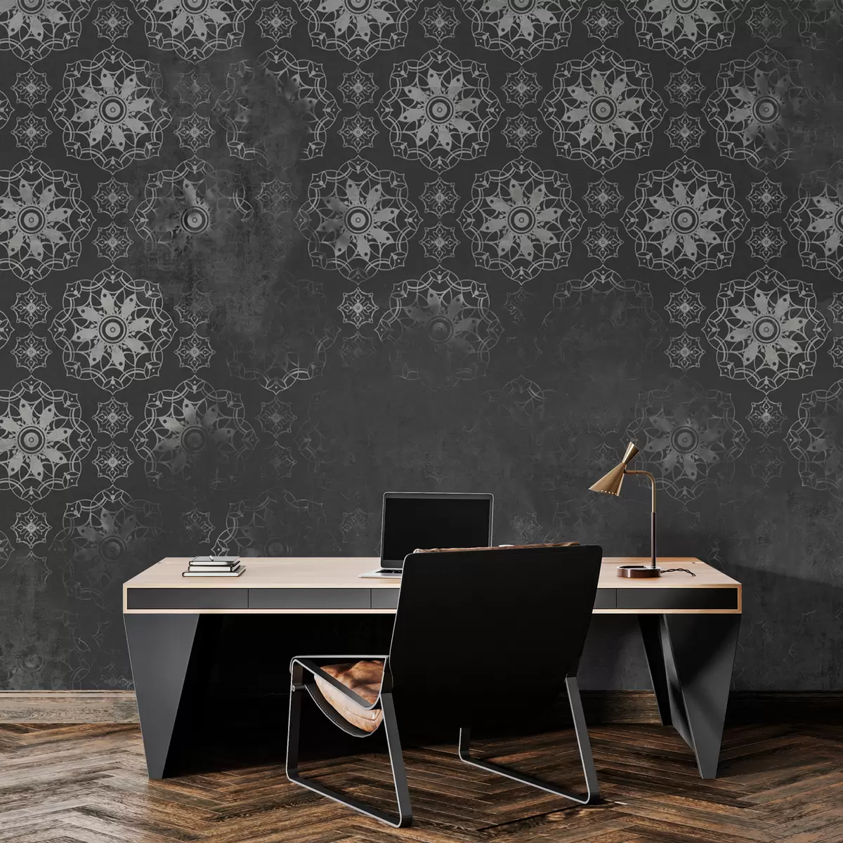 Fototapetes Vintage dizains ar mandalas elementiem un nobružātu efektu pelēkā krāsā w02551v1
