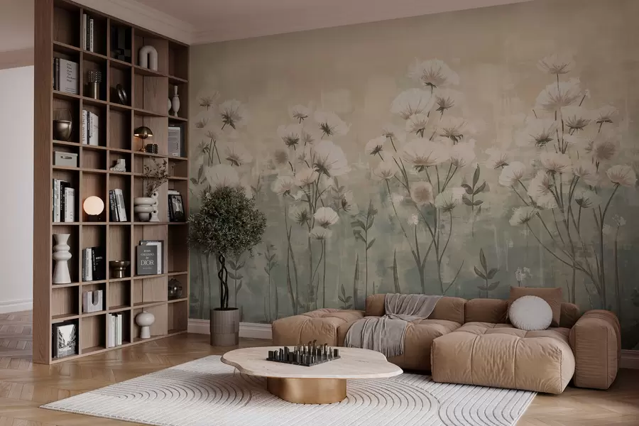 Fototapetes Smalki savvaļas ziedi ar triepienu efektu dzeltenā un bēšā krāsā w02629v1