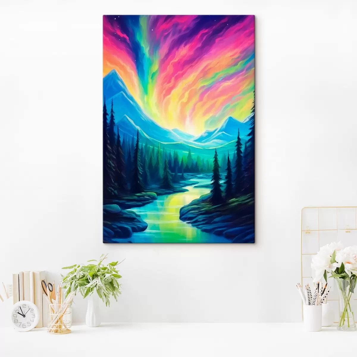 Glezna Ziemeļblāzma virs kalnu ainavas s42150