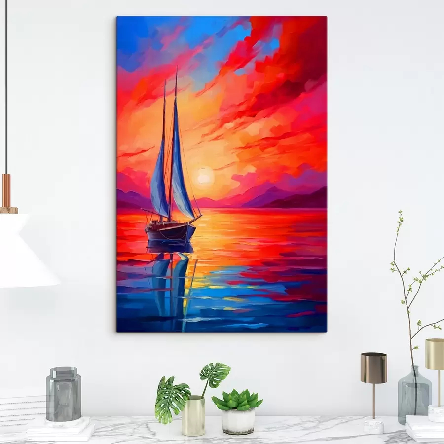 Glezna Buru laiva uz spilgta saulrieta fona s42151