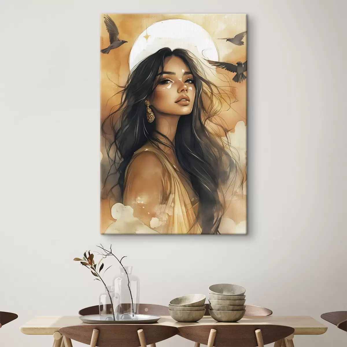 Glezna Sieviete ar lidojošiem putniem, cilšu, smilškrāsas krāsas, saule s42196