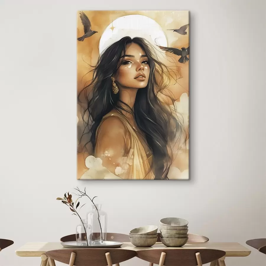 Glezna Sieviete ar lidojošiem putniem, cilšu, smilškrāsas krāsas, saule s42196