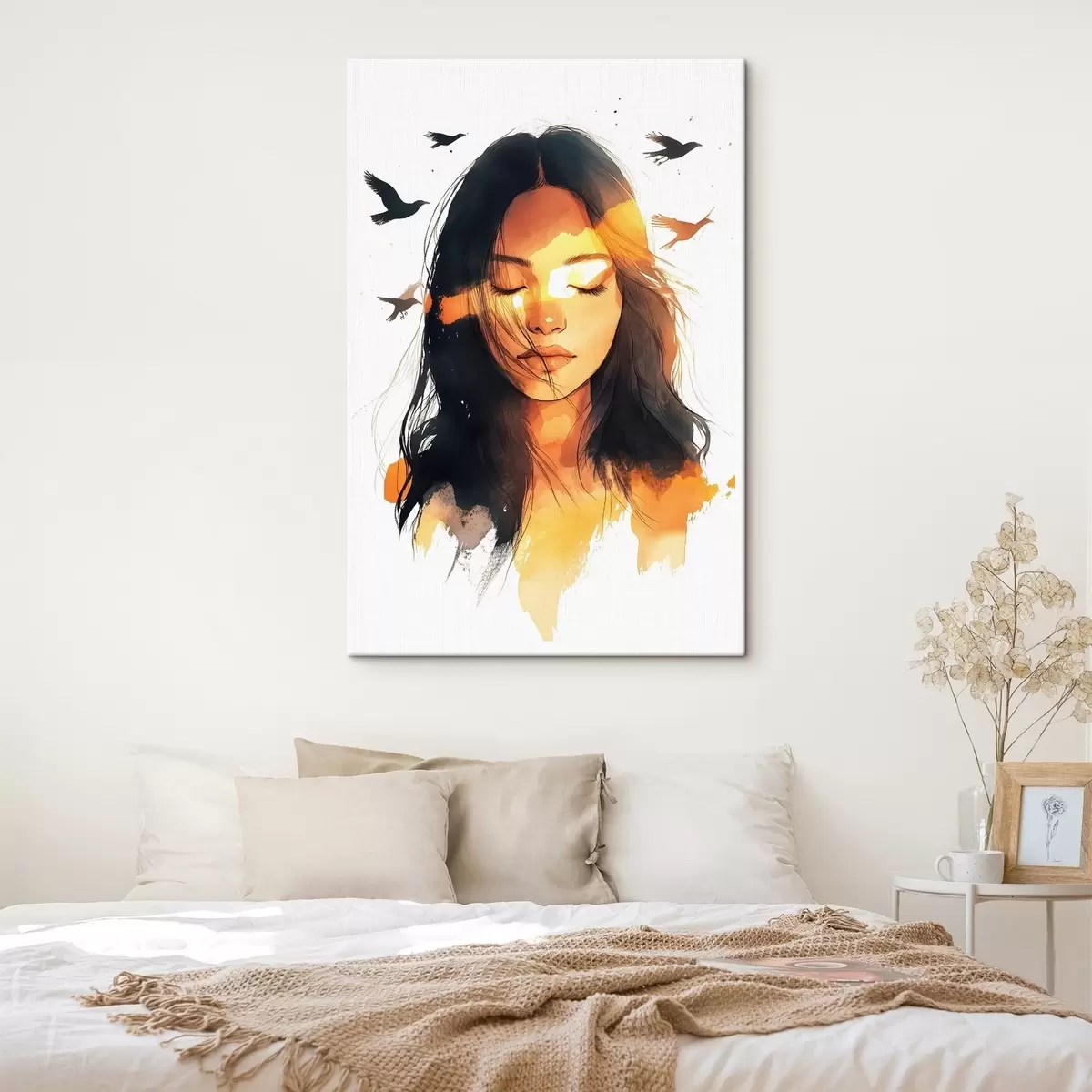 Glezna Akvareļu stila portrets, skaista meitene, saules gaisma, lidojoši putni s42198
