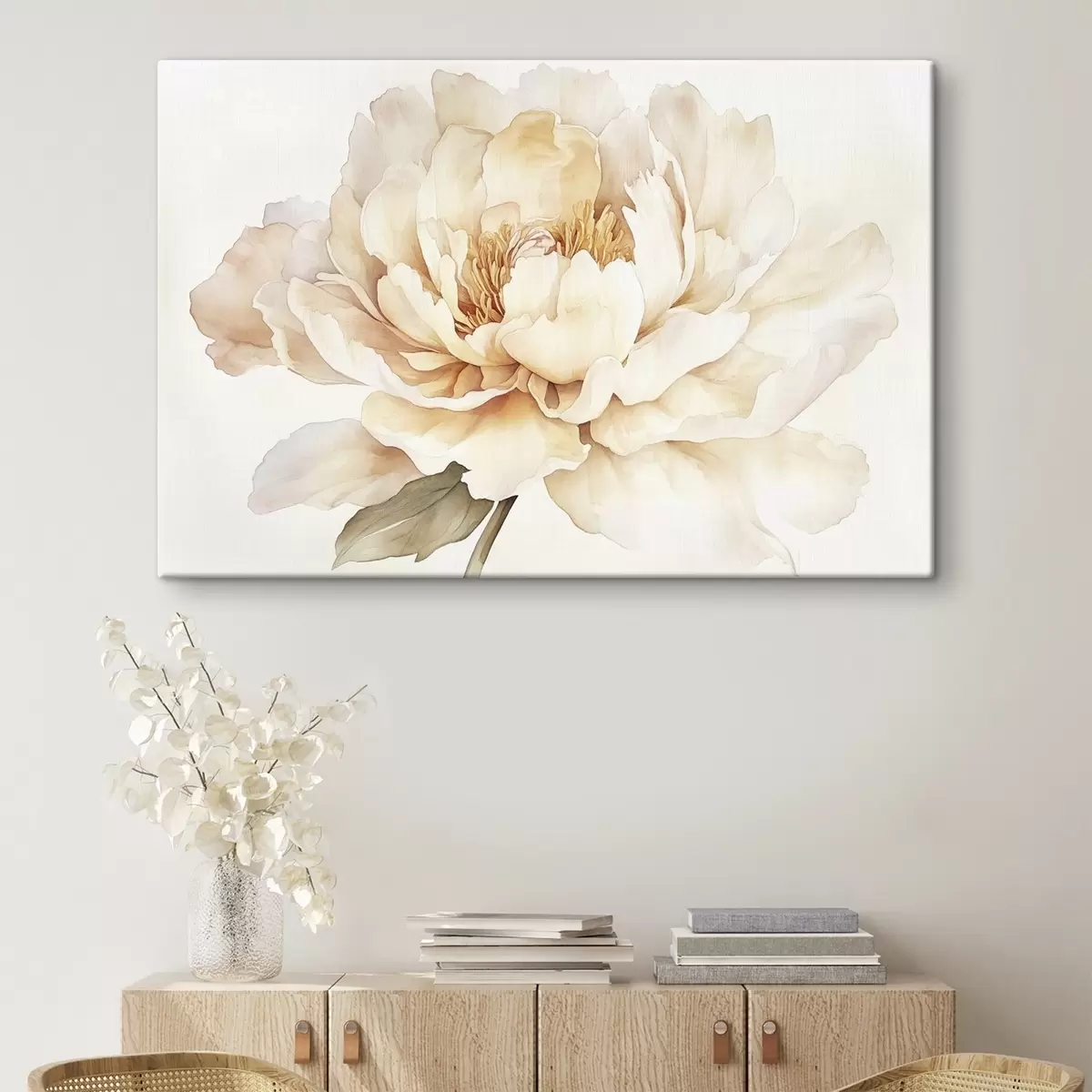 Glezna Skaists peonijas zieds, maigas krēmkrāsas krāsas, akvareļu stilā s42201