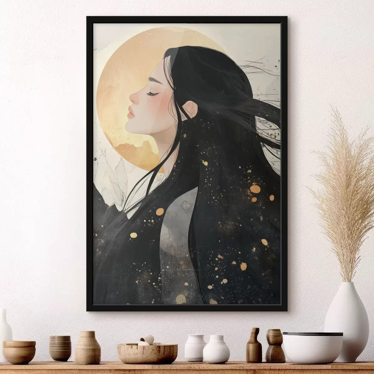 Plakāts Skaista meitene ar tumšiem matiem, austrumu stilā, saule f42194