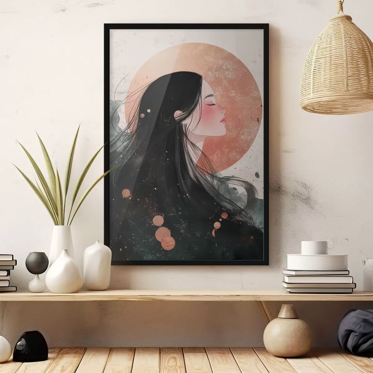 Plakāts Skaista meitene, austrumu stils, saule, rozā krāsas f42195