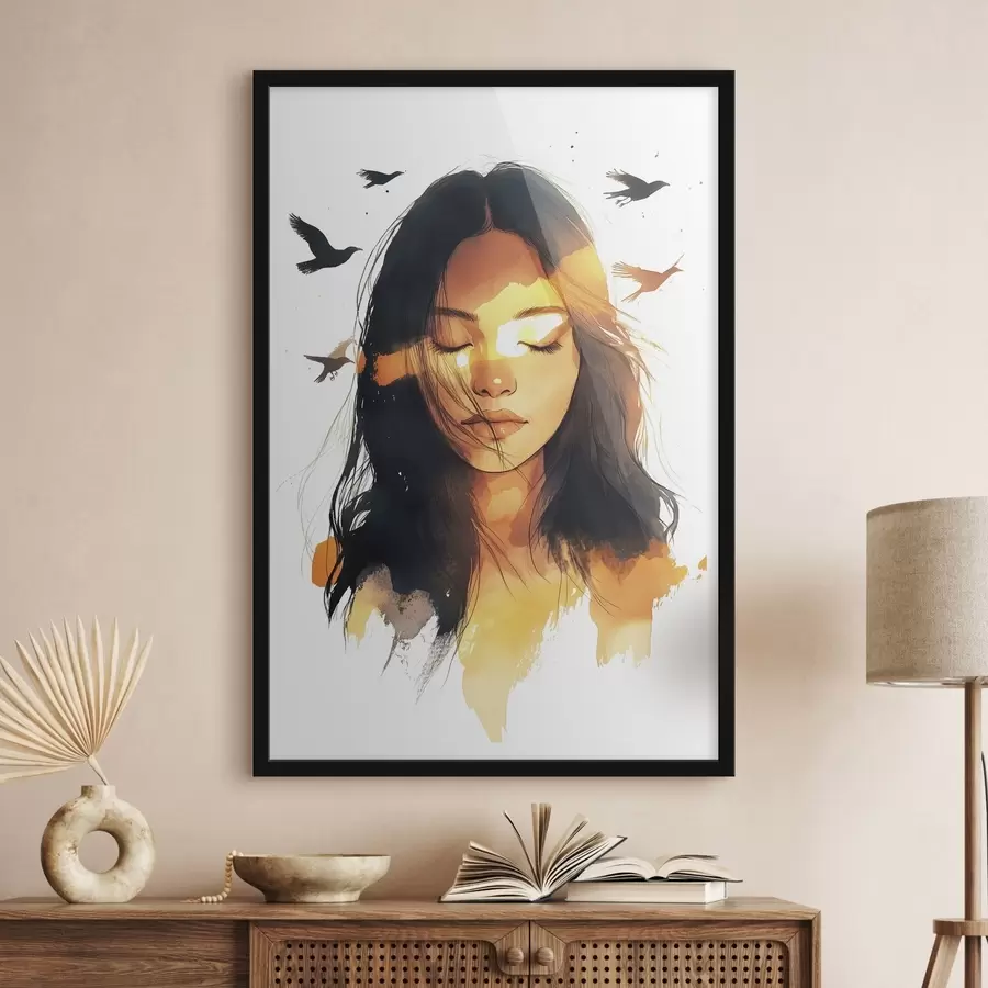 Fototapetes Akvareļu stila portrets, skaista meitene, saules gaisma, lidojoši putni f42198